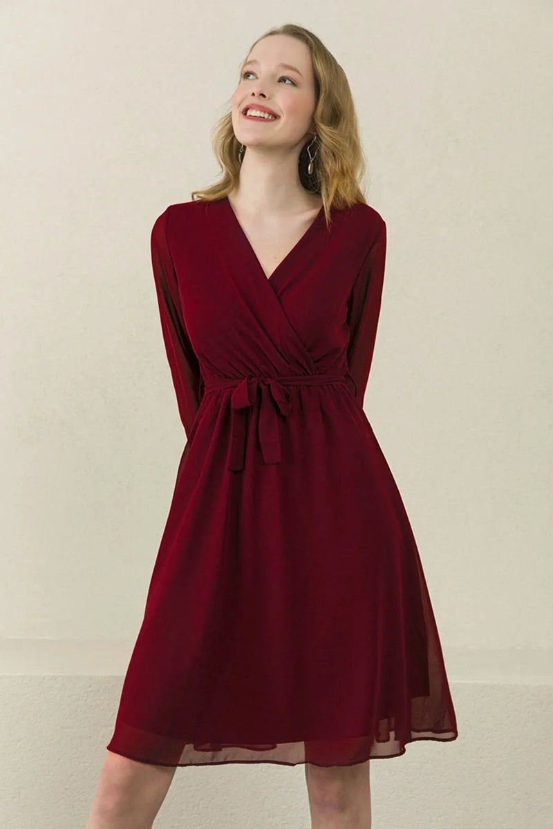 Women's Burgundy Wrap Neck Chiffon Plus Size Short Dress