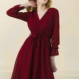 Burgundy Cross-Over Neck Chiffon Plus Size Short Dress