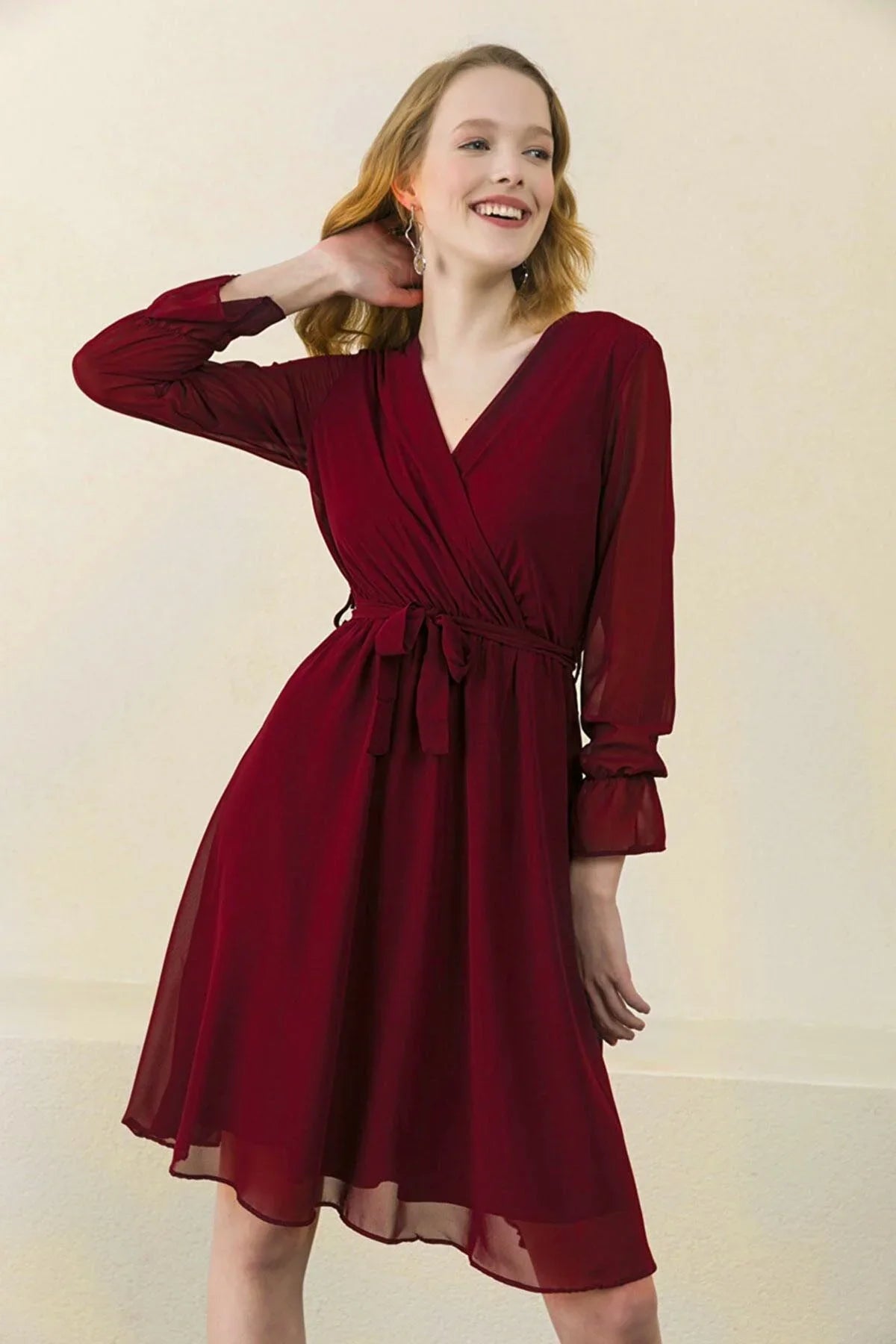 Women's Burgundy Wrap Neck Chiffon Plus Size Short Dress