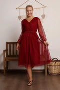 Burgundy Polka Dot Belted Tulle Plus Size Dress