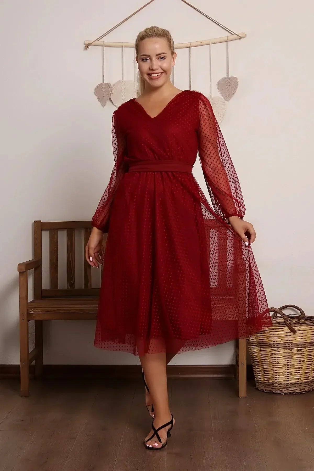Women's Burgundy Puantiyeli Belted Tütü Plus Size Dress