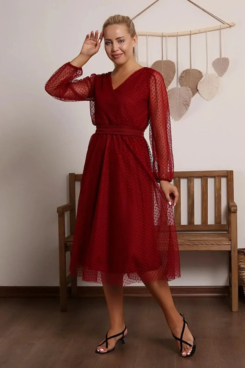 Women's Burgundy Puantiyeli Belted Tütü Plus Size Dress