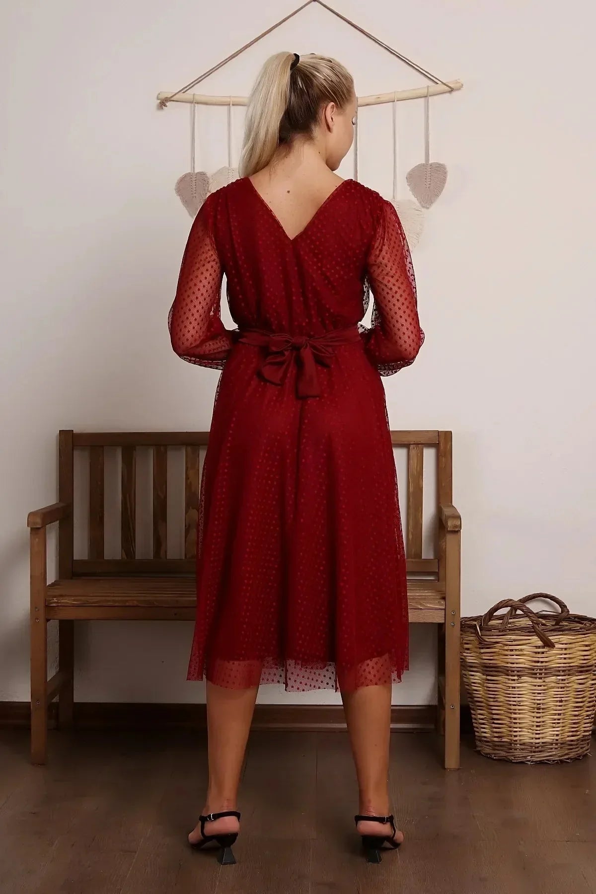 Women's Burgundy Puantiyeli Belted Tütü Plus Size Dress