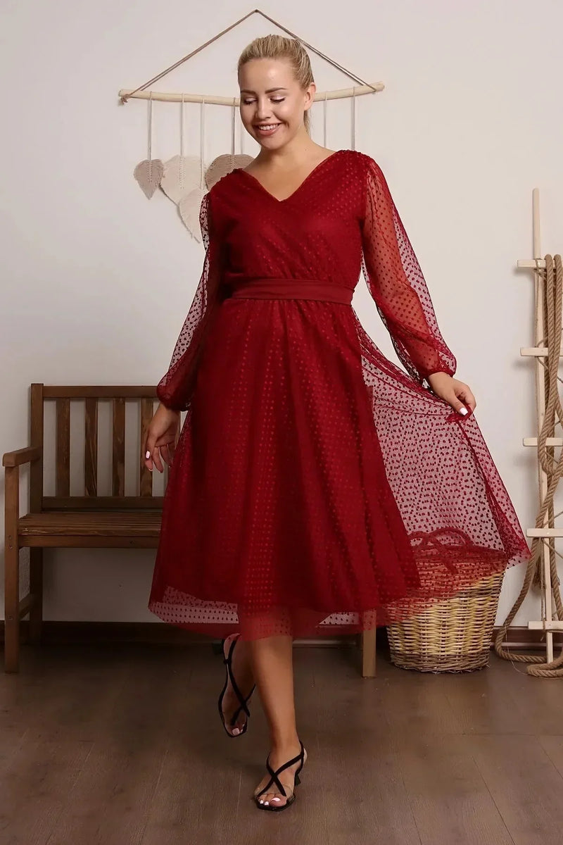 Women's Burgundy Puantiyeli Belted Tütü Plus Size Dress