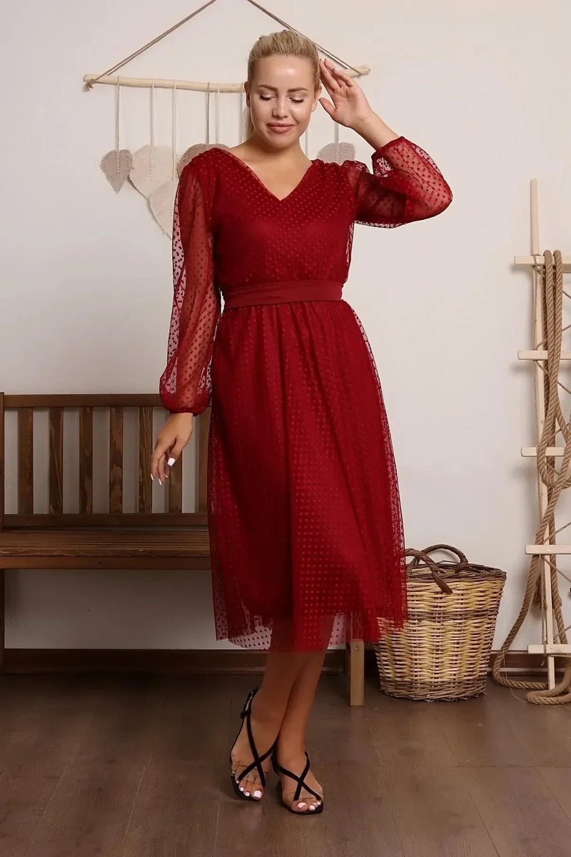 Women's Burgundy Puantiyeli Belted Tütü Plus Size Dress