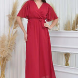 Red Short-Sleeve Chiffon Midi Dress