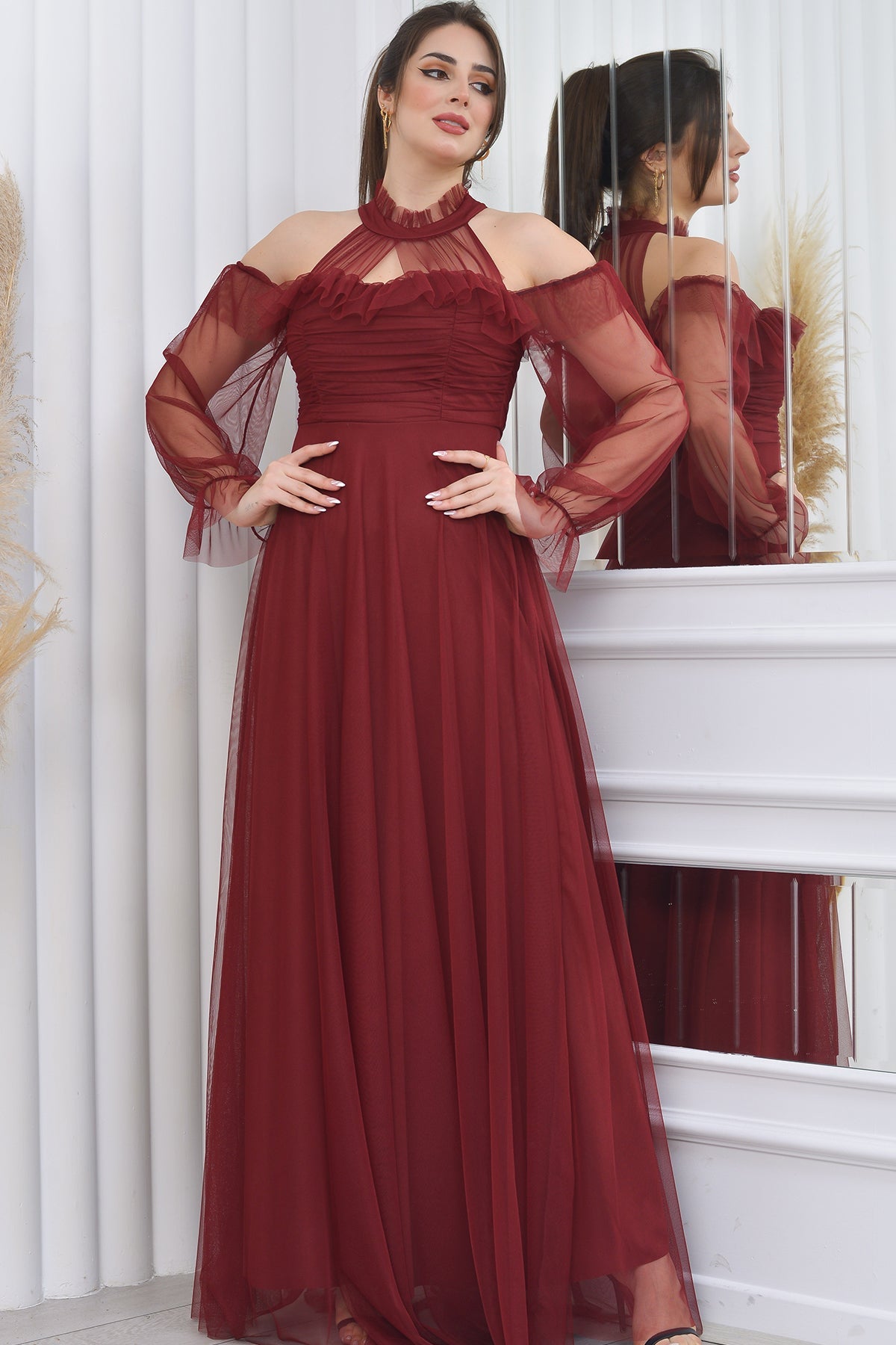 Women's Burgundy Tulle Draped Plus Size Evening Gown