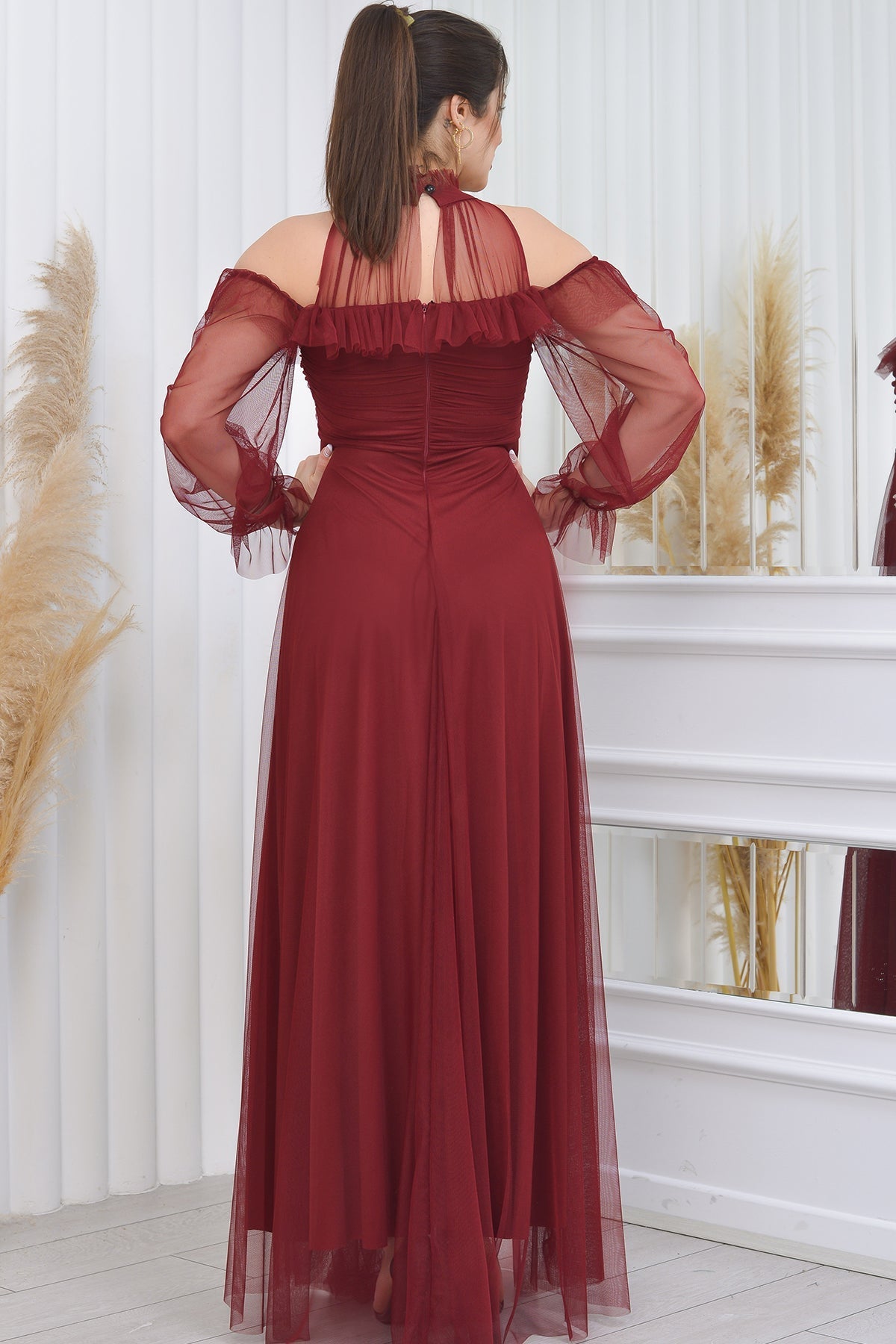 Women's Burgundy Tulle Draped Plus Size Evening Gown