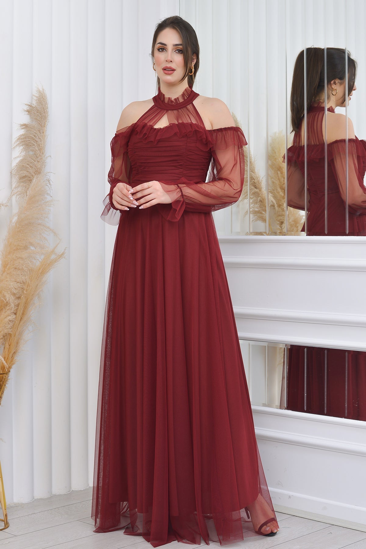 Women's Burgundy Tulle Draped Plus Size Evening Gown