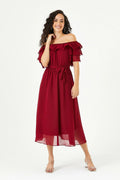 Burgundy Ruffled Madonna Collar Plus Size Chiffon Dress