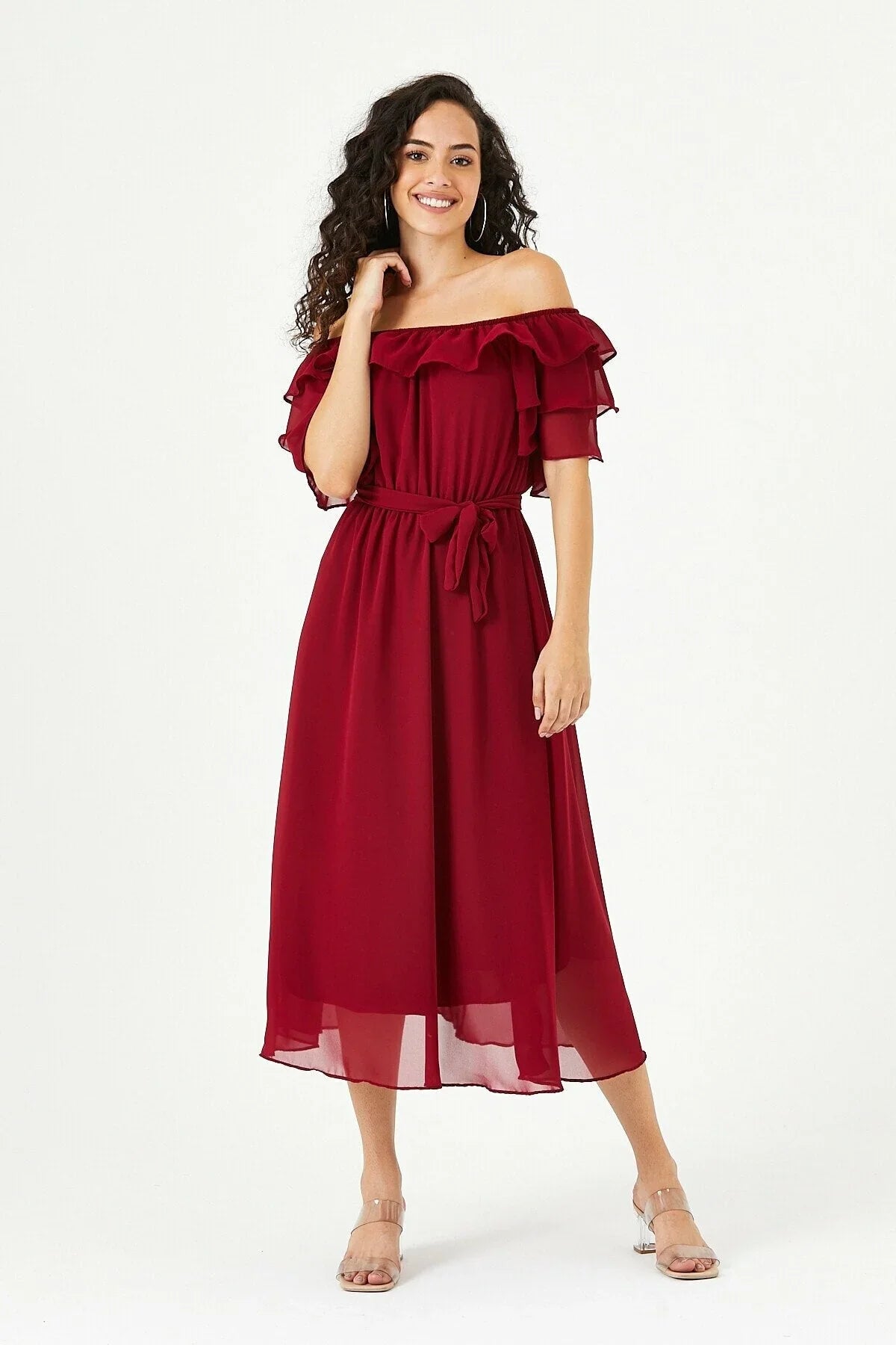Women's Burgundy Ruffled Madonna Collar Plus Size Chiffon Dress