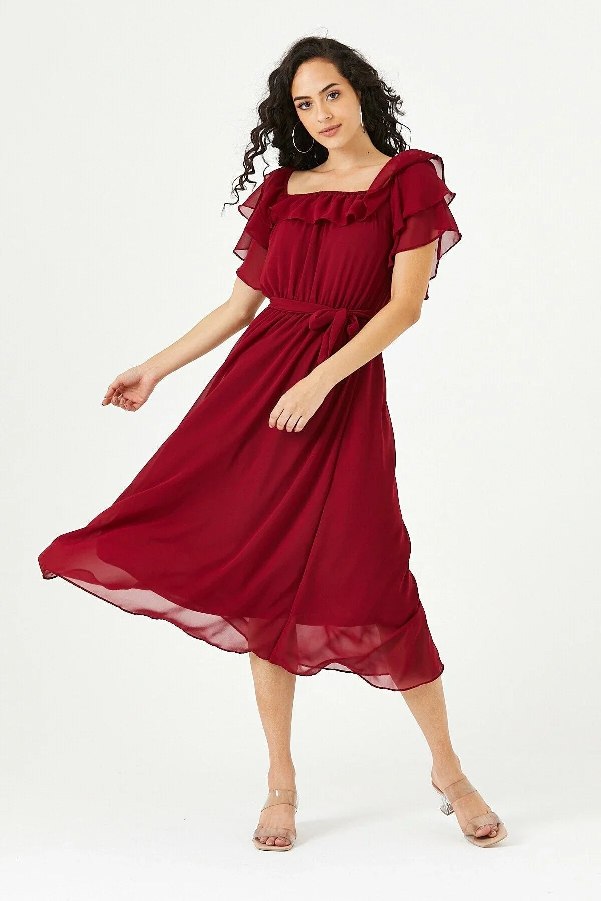 Women's Burgundy Ruffled Madonna Collar Plus Size Chiffon Dress