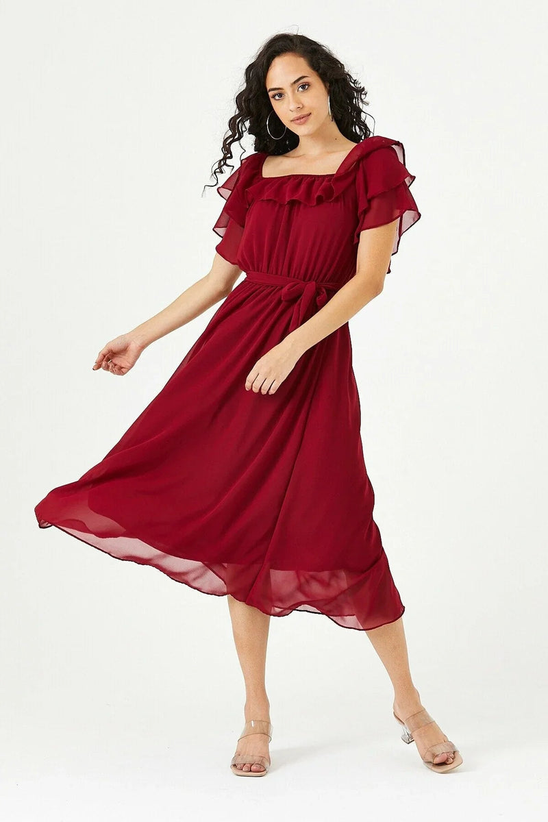 Women's Burgundy Ruffled Madonna Collar Plus Size Chiffon Dress