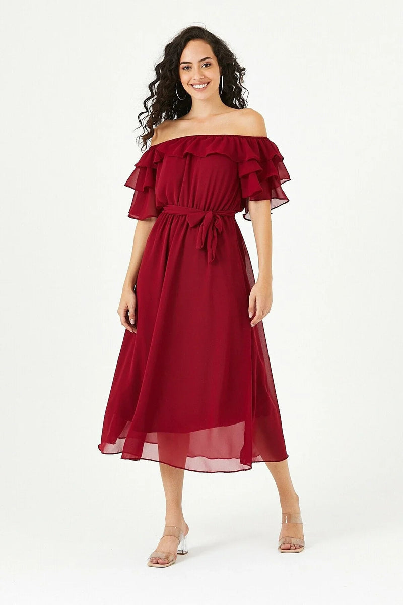 Women's Burgundy Ruffled Madonna Collar Plus Size Chiffon Dress