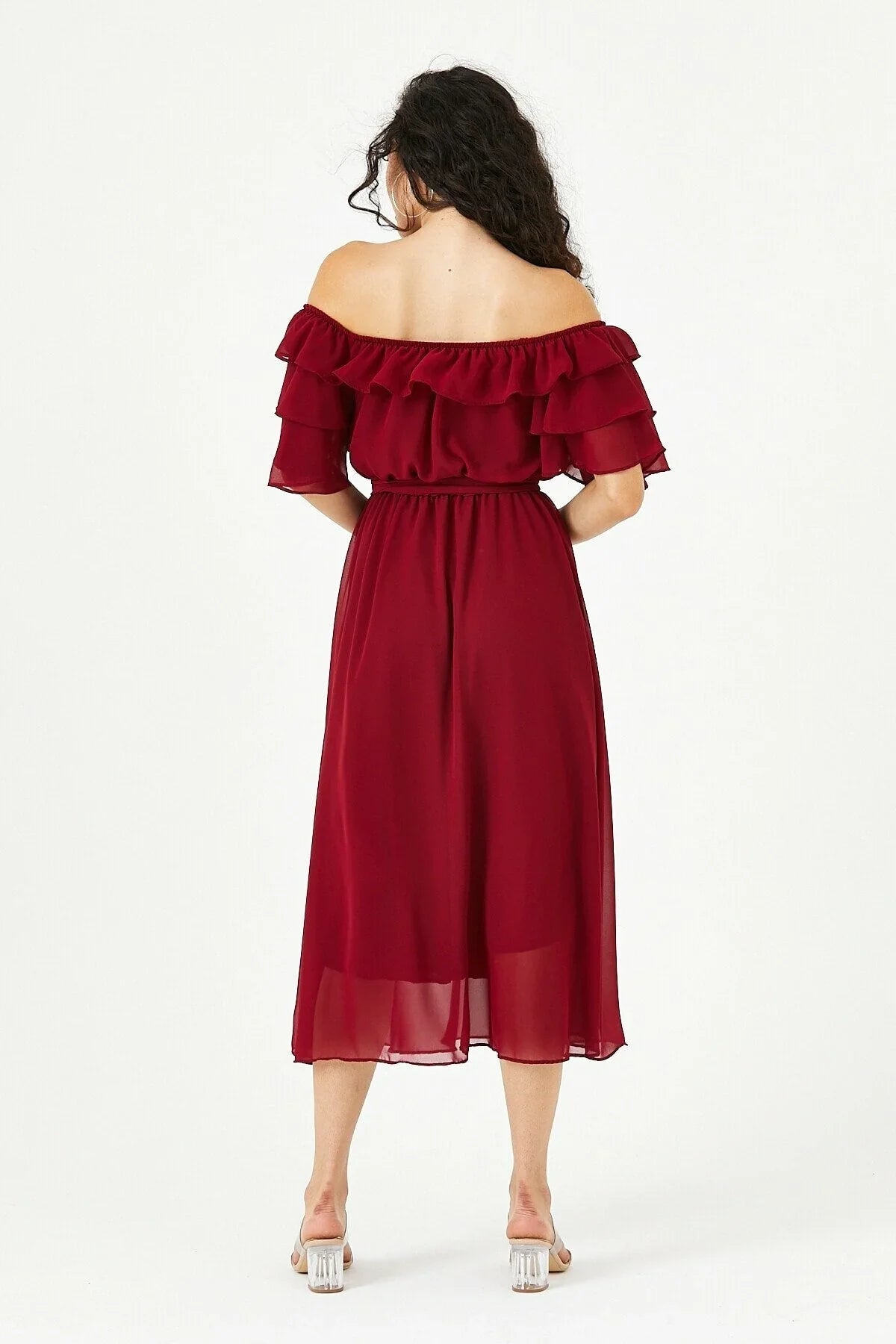 Women's Burgundy Ruffled Madonna Collar Plus Size Chiffon Dress