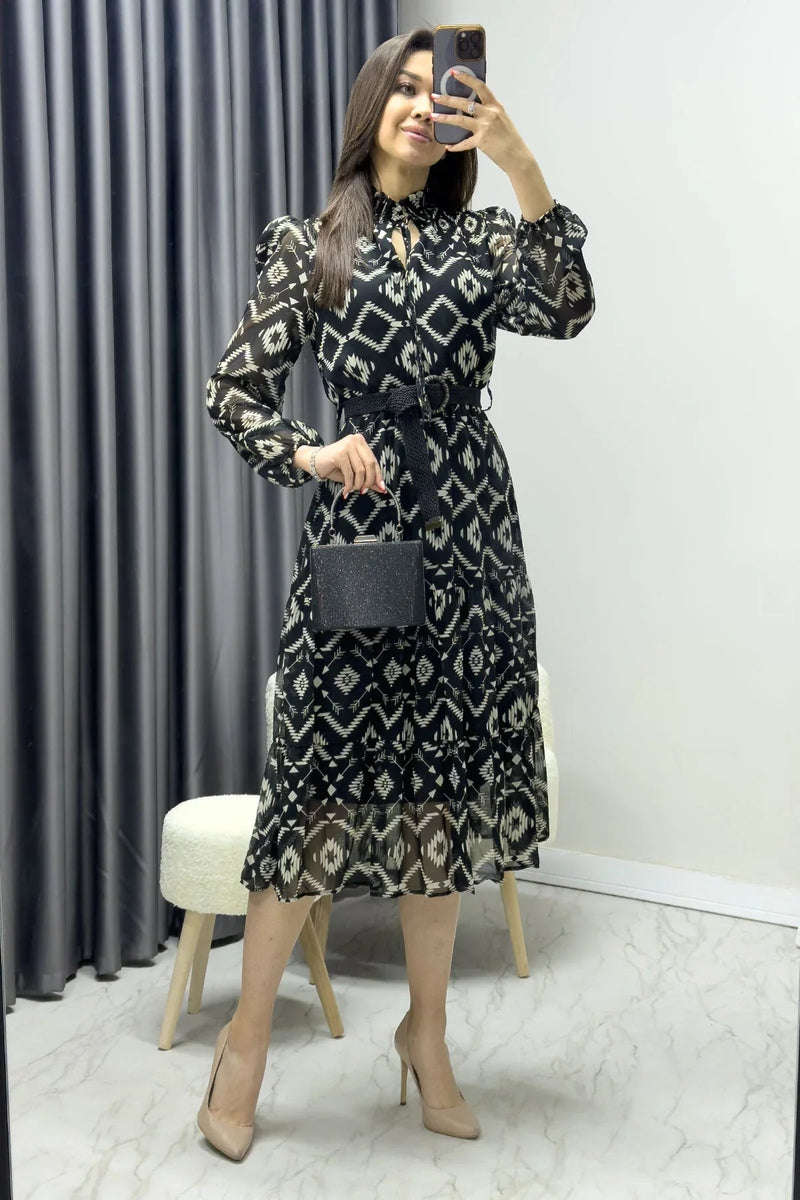 Women's Black Ethnic Print Neck Tie Belted Plus Size Chiffon Dress