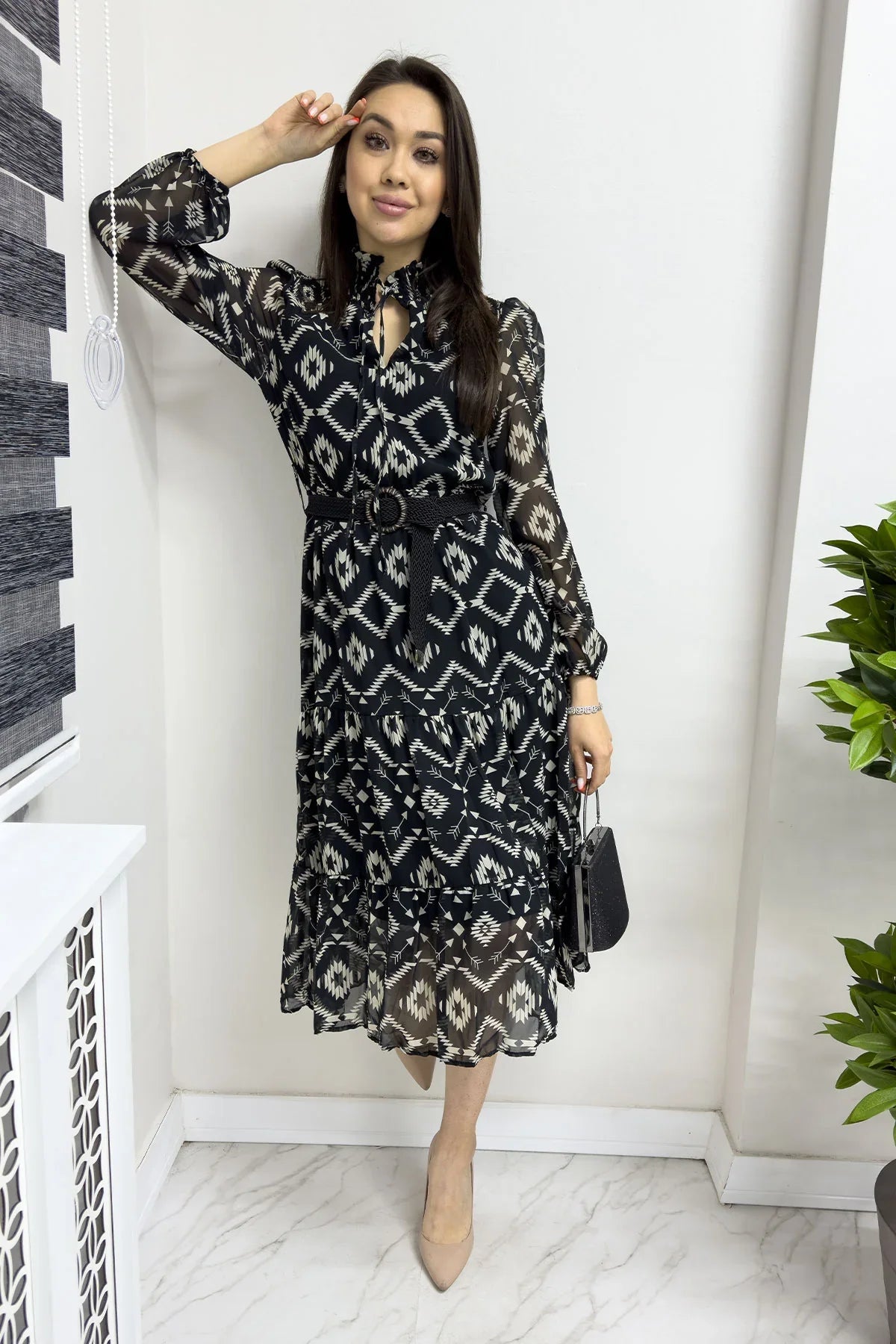 Women's Black Ethnic Print Neck Tie Belted Plus Size Chiffon Dress