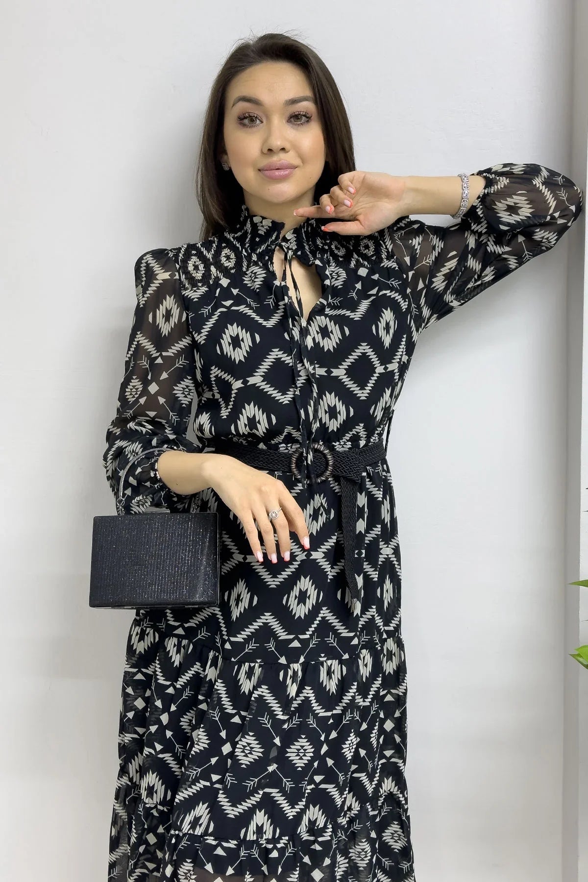 Women's Black Ethnic Print Neck Tie Belted Plus Size Chiffon Dress