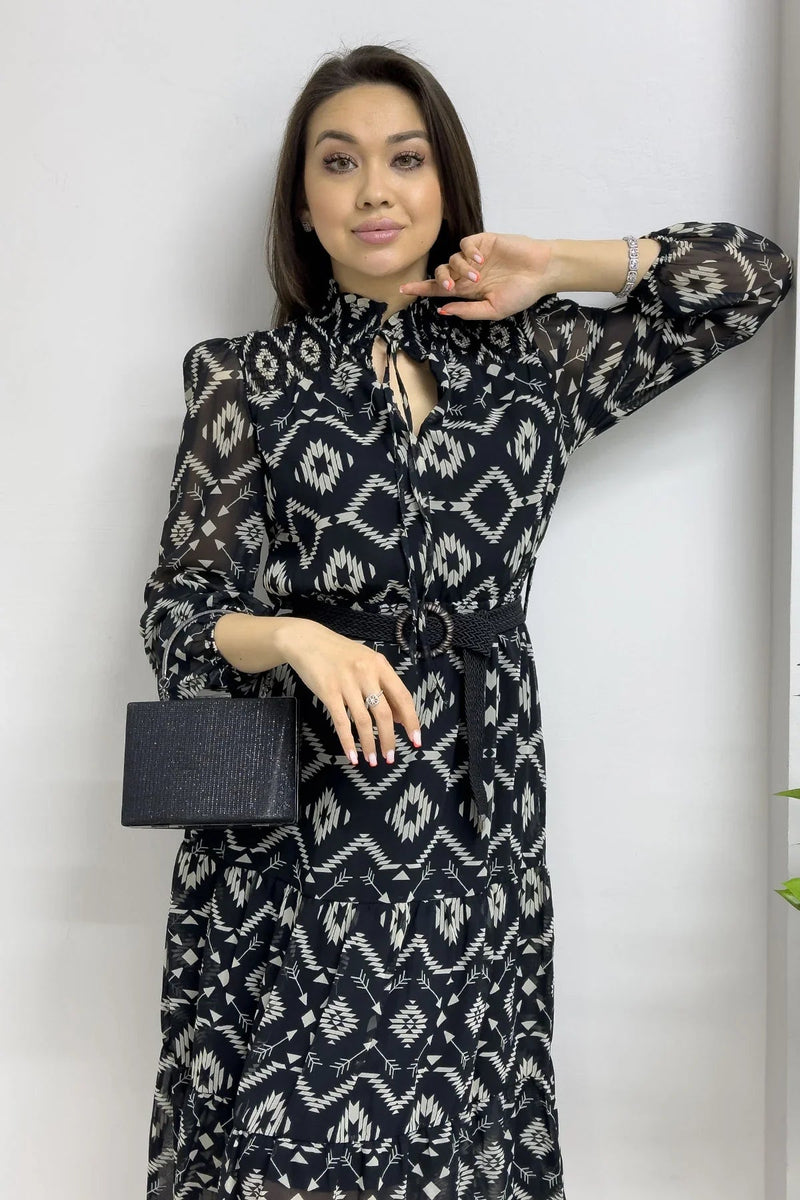 Women's Black Ethnic Print Neck Tie Belted Plus Size Chiffon Dress