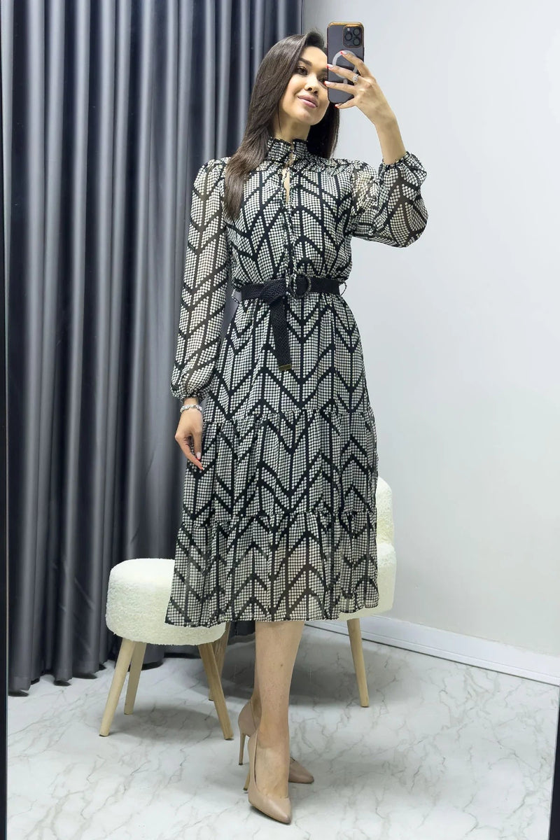 Women's Black Puantiyeli Neck Tie Belted Plus Size Chiffon Dress