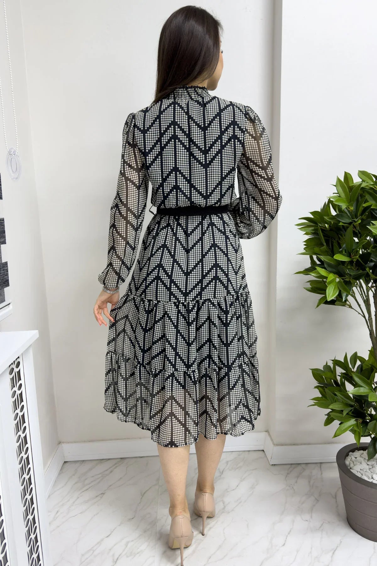 Women's Black Puantiyeli Neck Tie Belted Plus Size Chiffon Dress