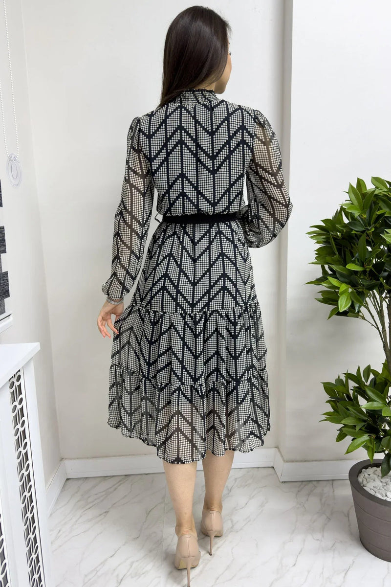 Women's Black Puantiyeli Neck Tie Belted Plus Size Chiffon Dress