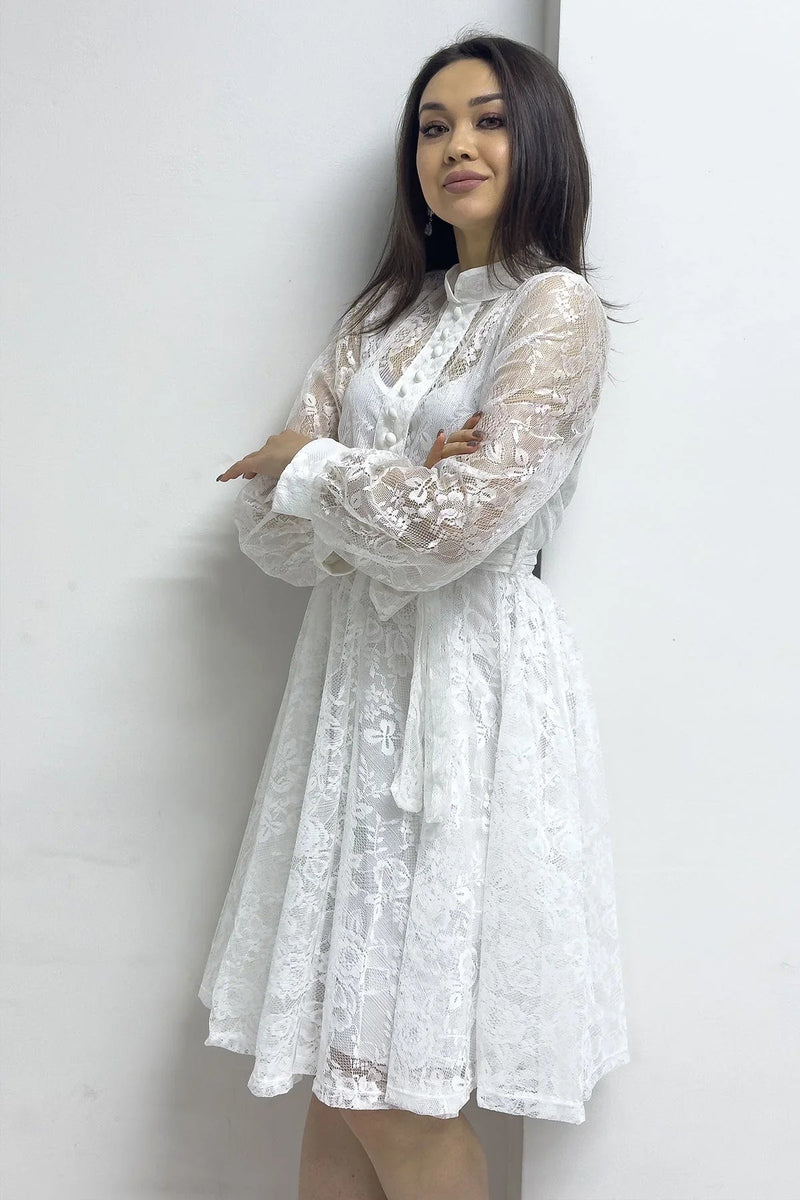 Women's White Çan Fransız Güpür Buttoned Plus Size Evening Gown