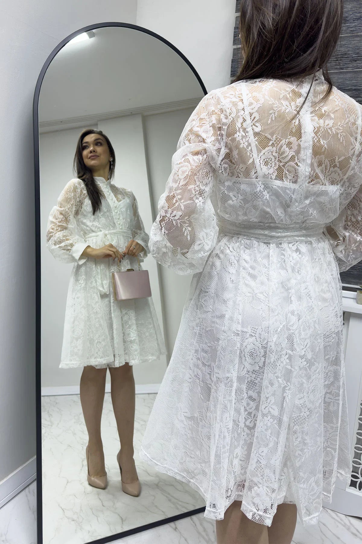 Women's White Çan Fransız Güpür Buttoned Plus Size Evening Gown