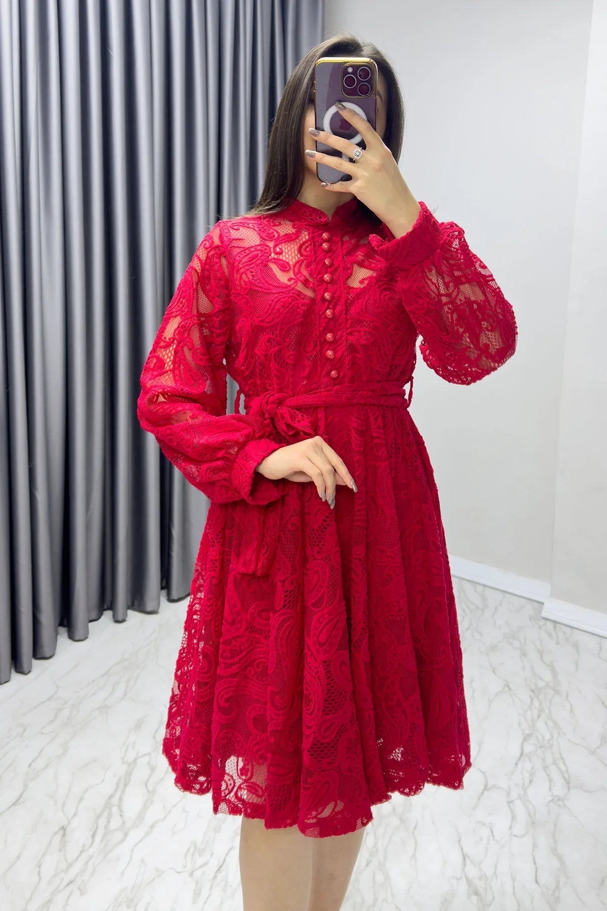 Women's Red Çan Fransız Güpür Buttoned Plus Size Evening Gown