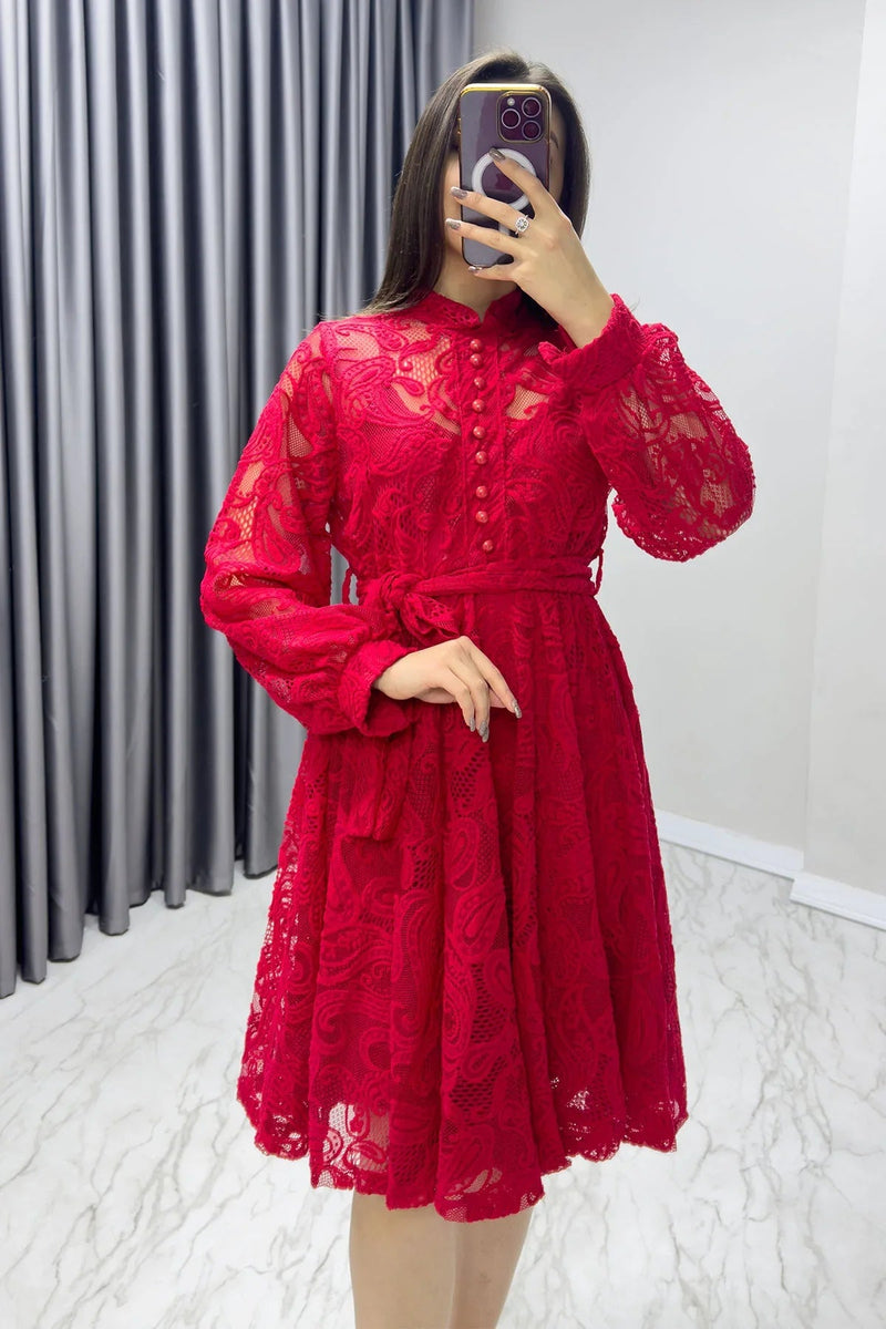 Women's Red Çan Fransız Güpür Buttoned Plus Size Evening Gown