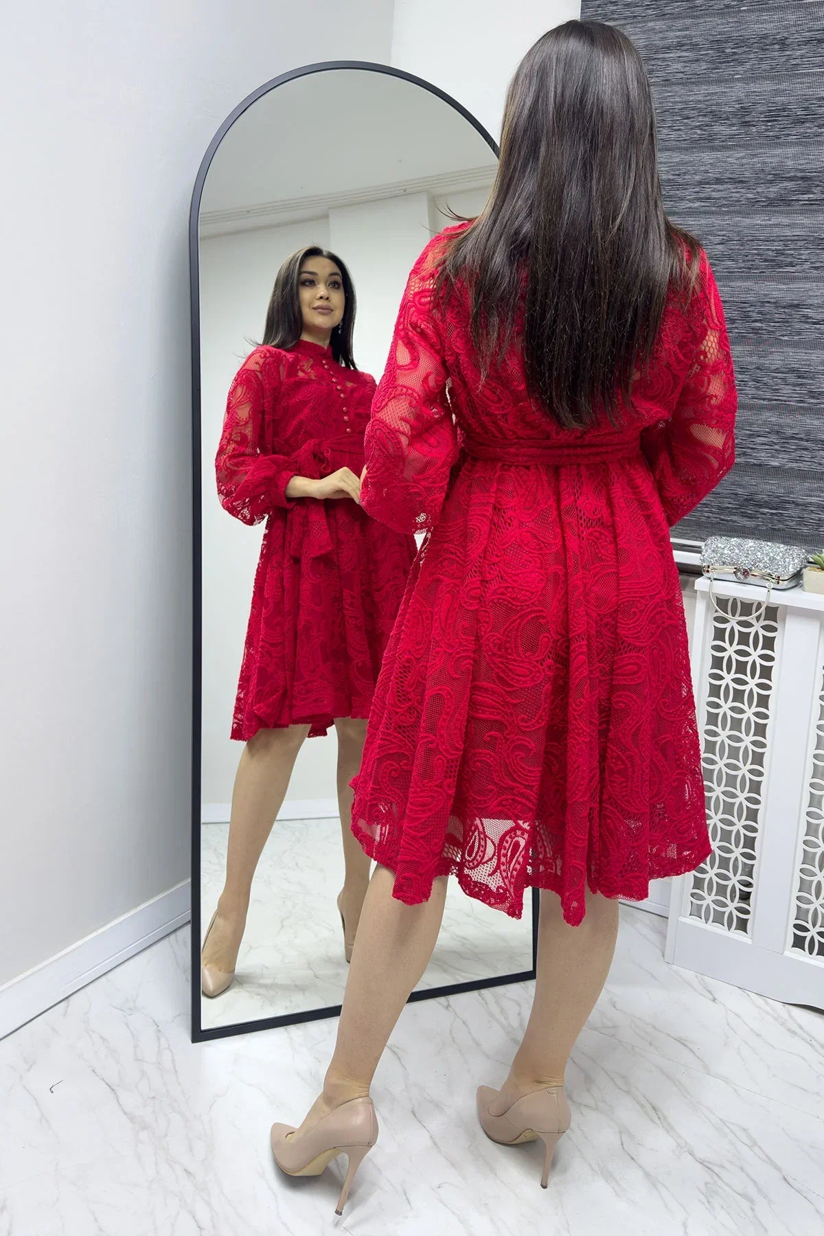 Women's Red Çan Fransız Güpür Buttoned Plus Size Evening Gown