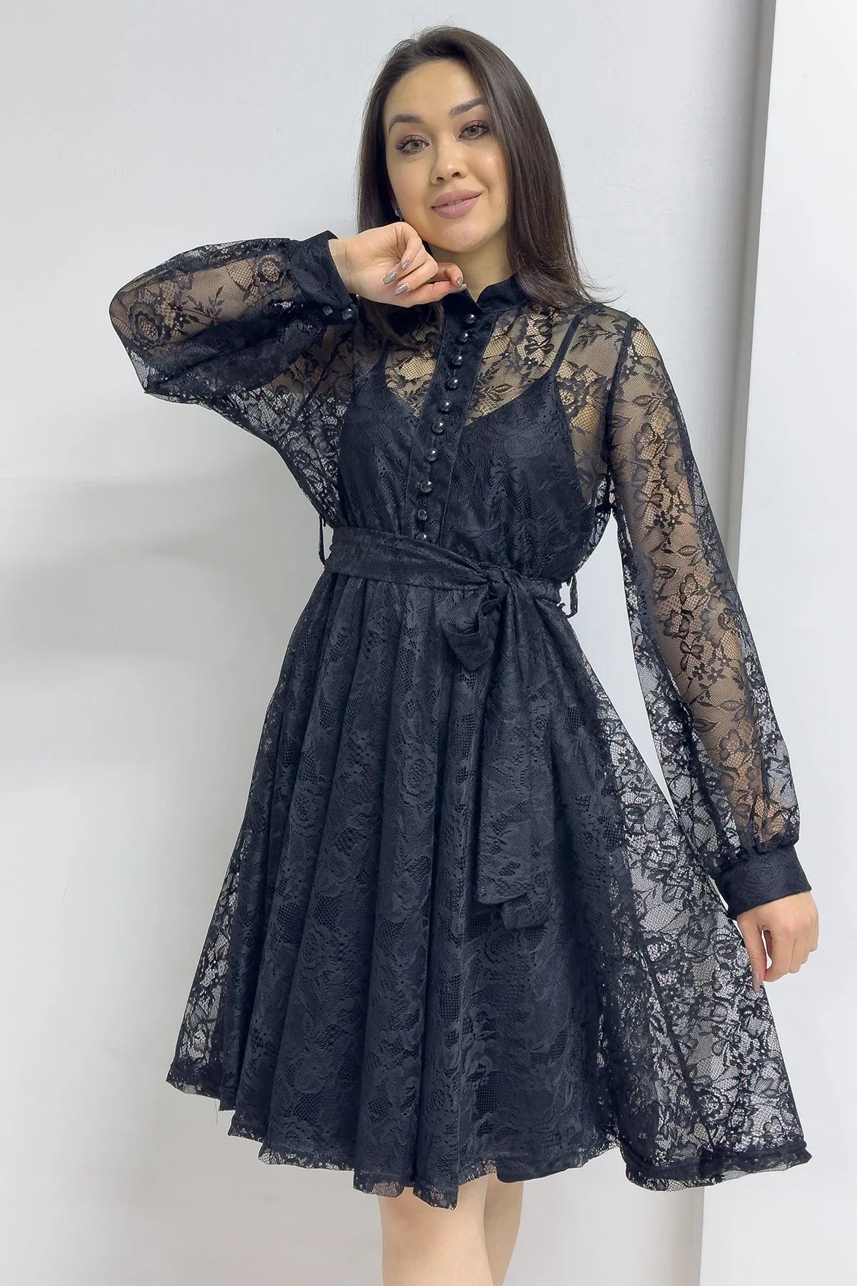 Women's Black Fransız Güpür Buttoned Plus Size Evening Gown