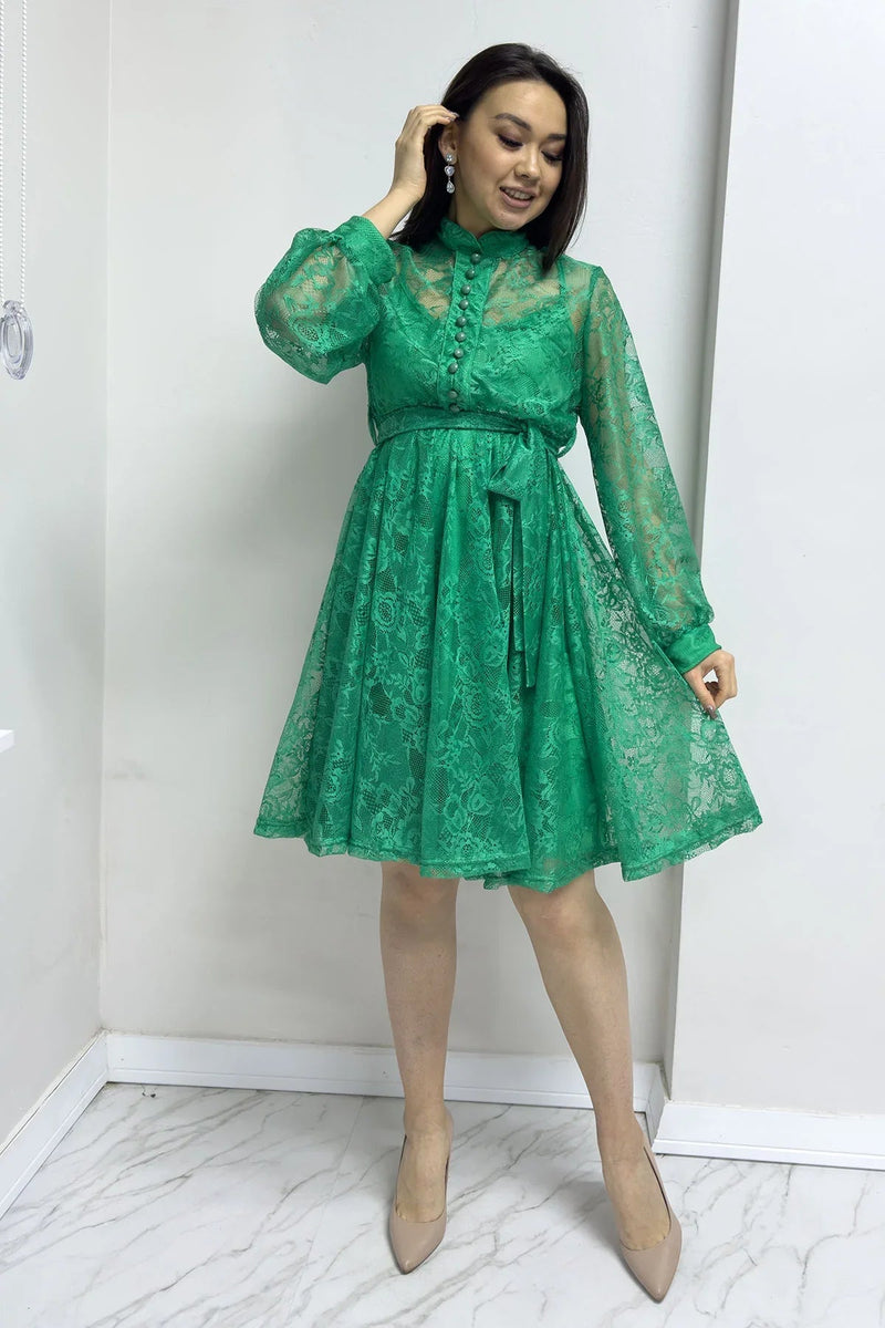 Women's Green Fransız Güpür Buttoned Plus Size Evening Gown