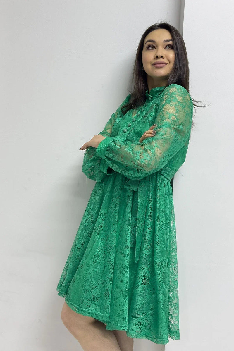 Women's Green Fransız Güpür Buttoned Plus Size Evening Gown