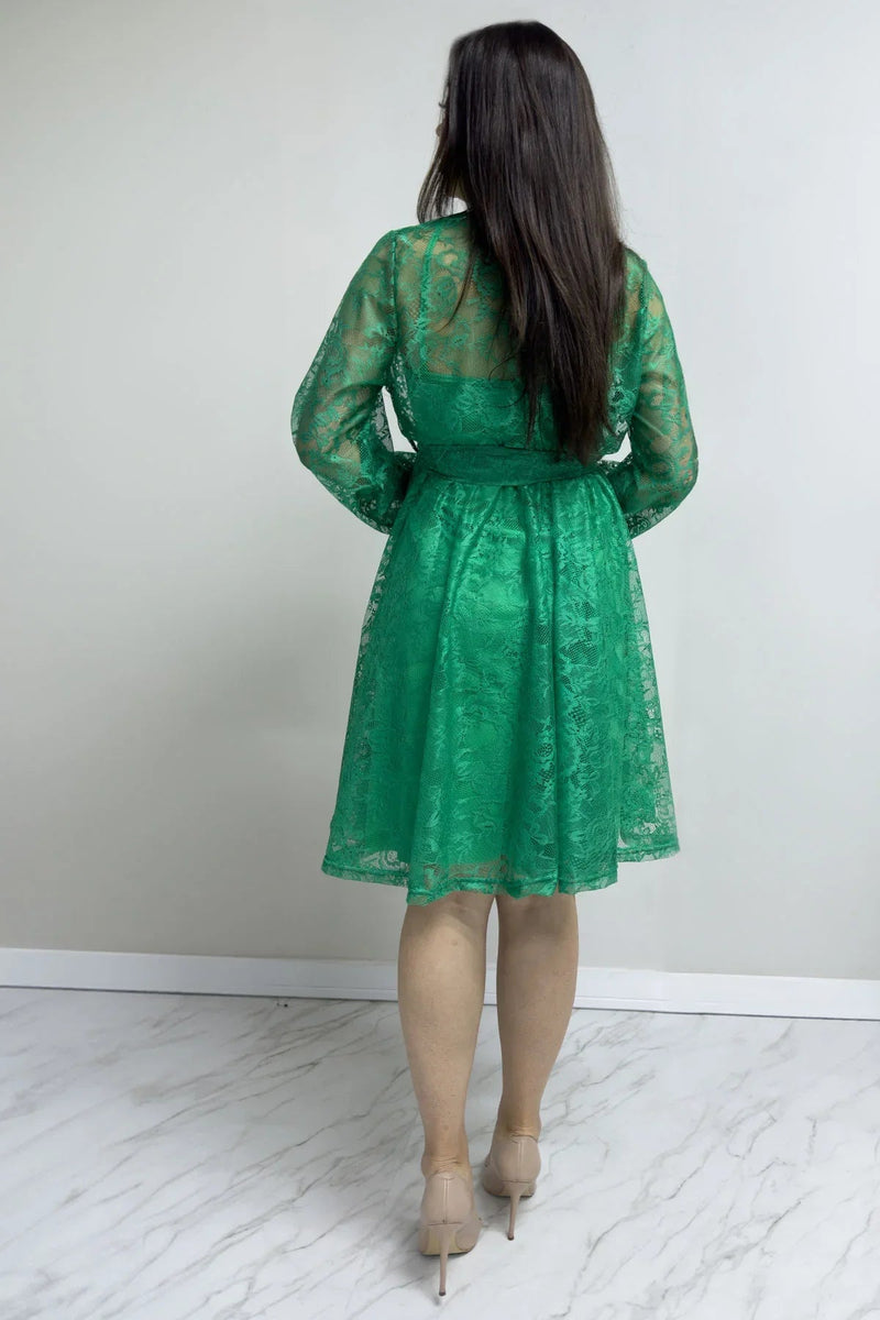 Women's Green Fransız Güpür Buttoned Plus Size Evening Gown