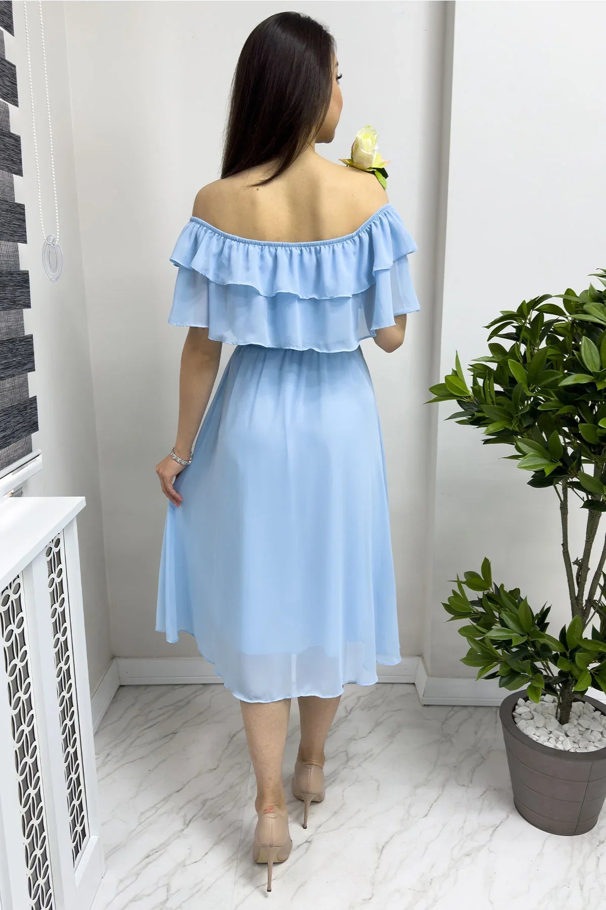 Women's Baby Bluesi Madonna Carmen Ruffle Neck Plus Size Chiffon Dress