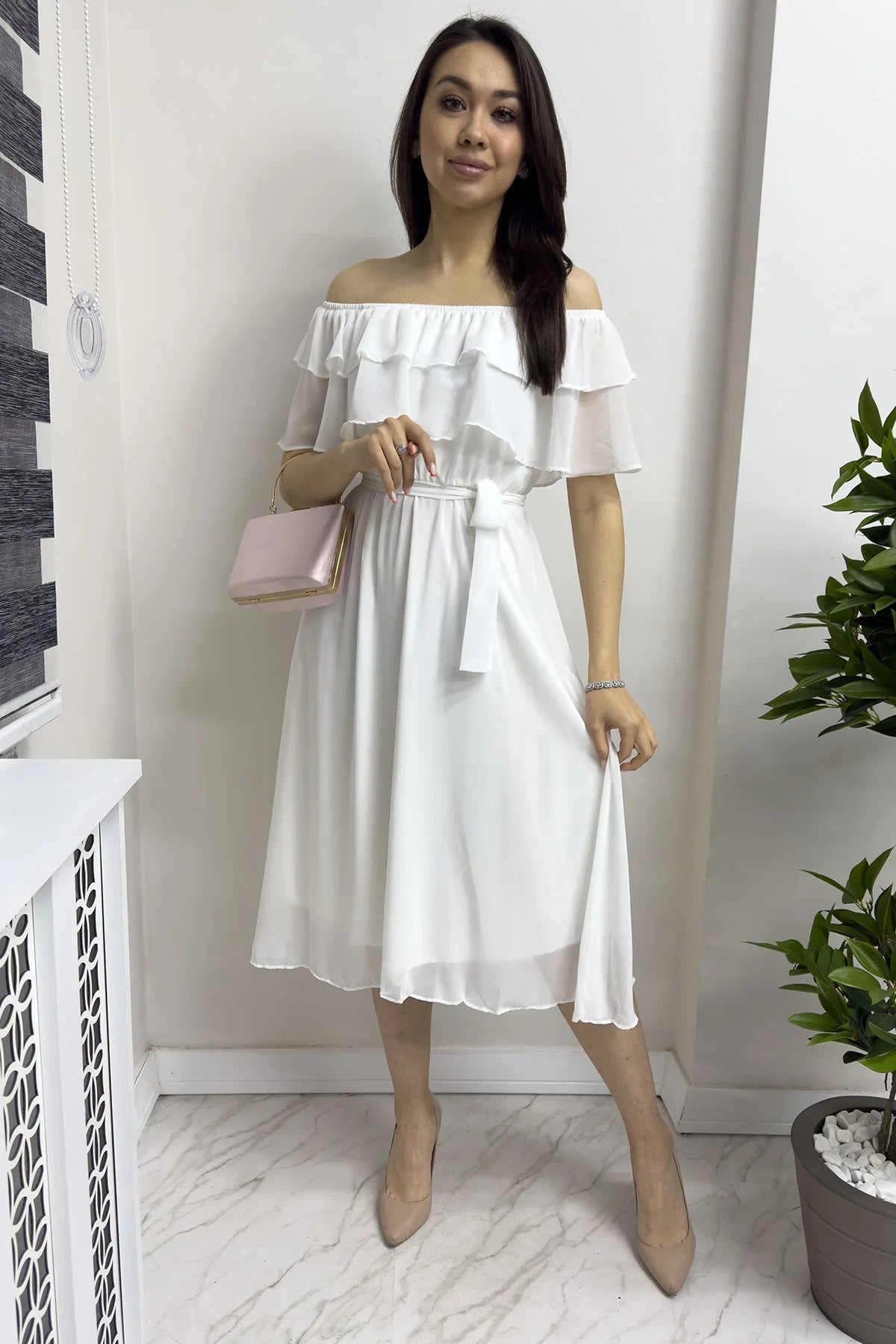 Women's White Madonna Carmen Ruffle Neck Plus Size Chiffon Dress