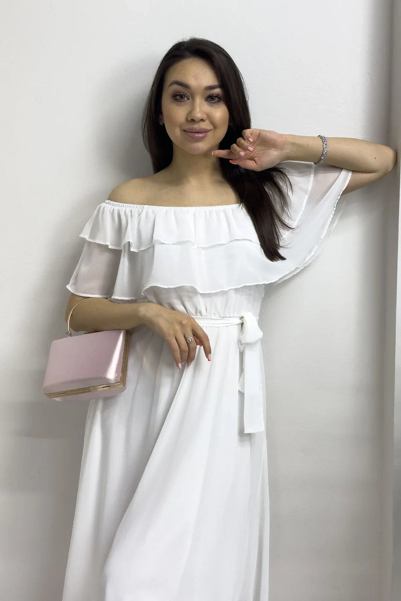 Women's White Madonna Carmen Ruffle Neck Plus Size Chiffon Dress