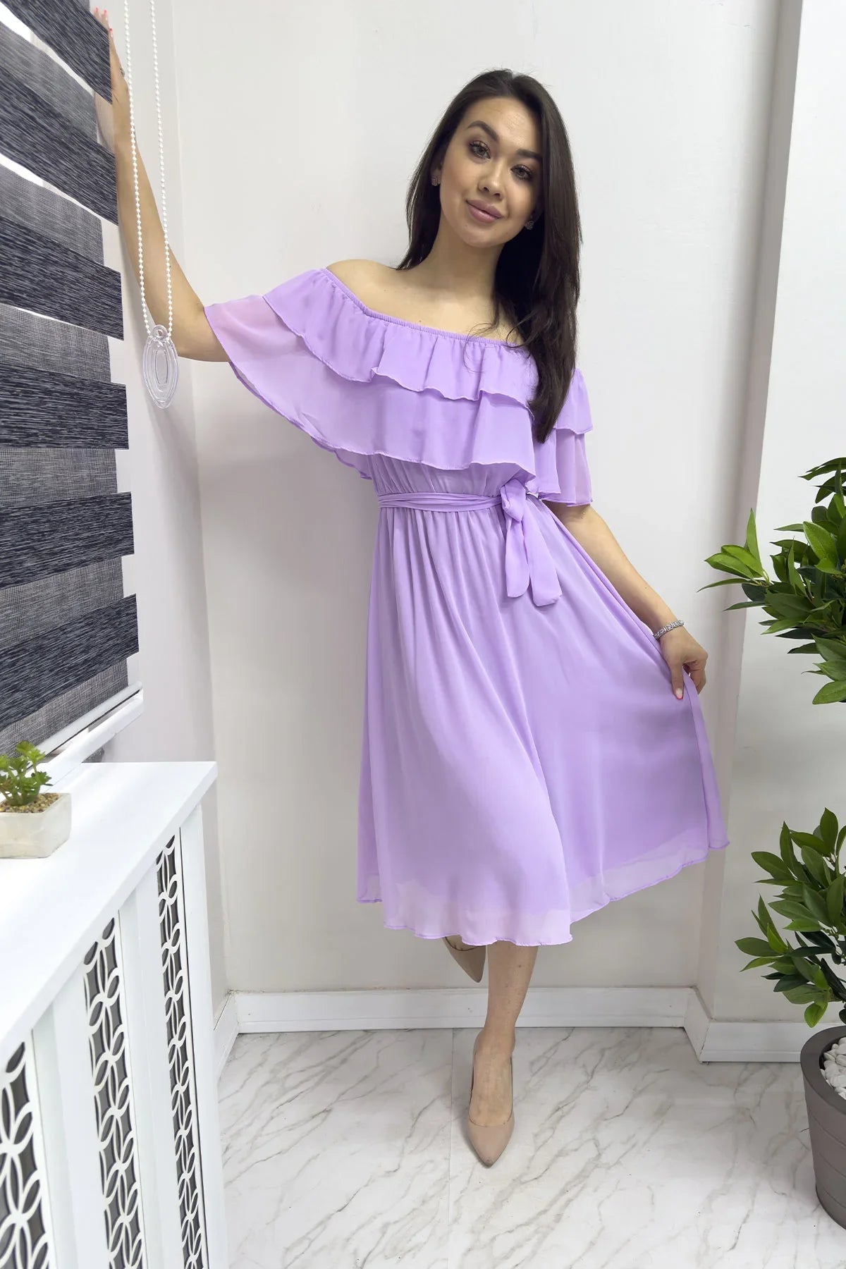 Women's Lilac Madonna Carmen Ruffle Neck Plus Size Chiffon Dress