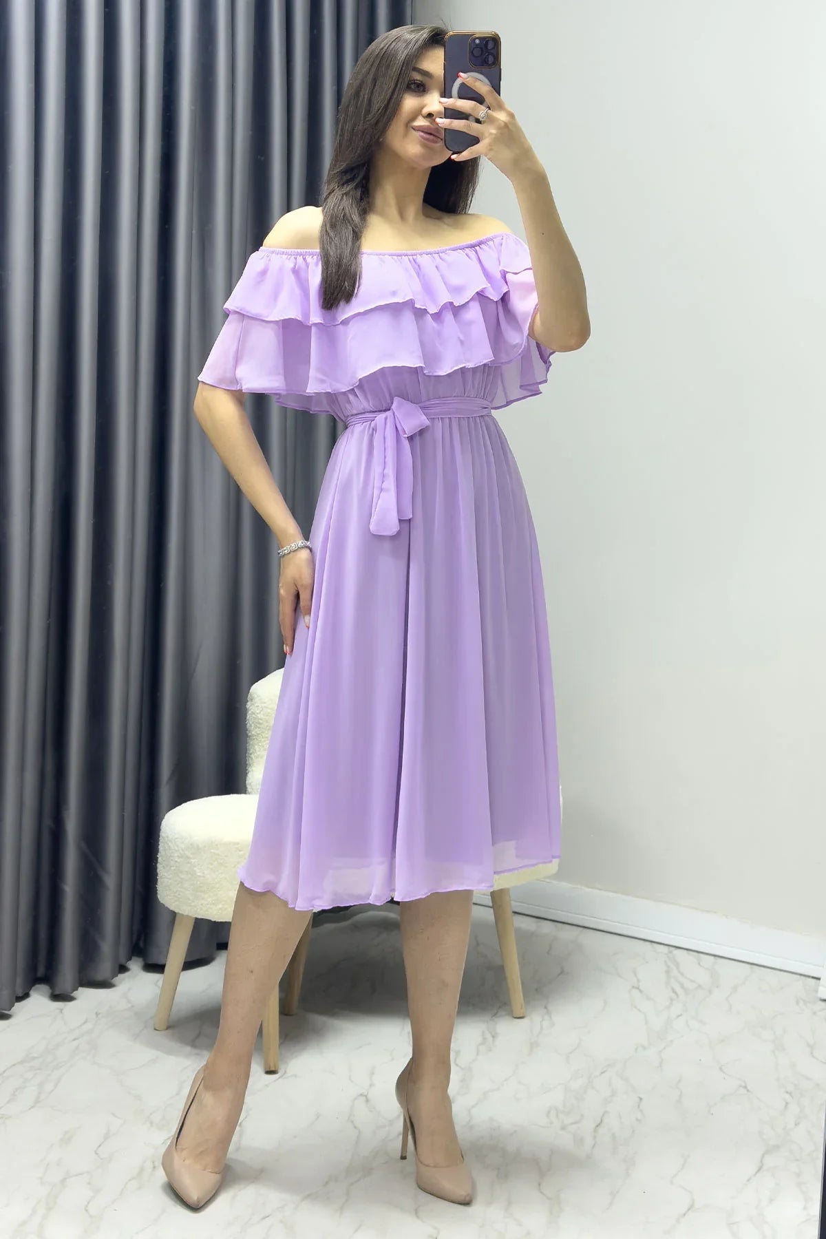 Women's Lilac Madonna Carmen Ruffle Neck Plus Size Chiffon Dress
