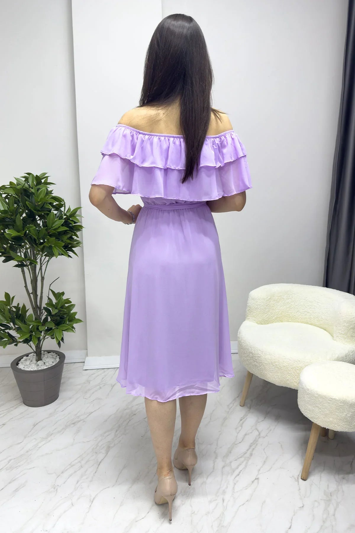 Women's Lilac Madonna Carmen Ruffle Neck Plus Size Chiffon Dress