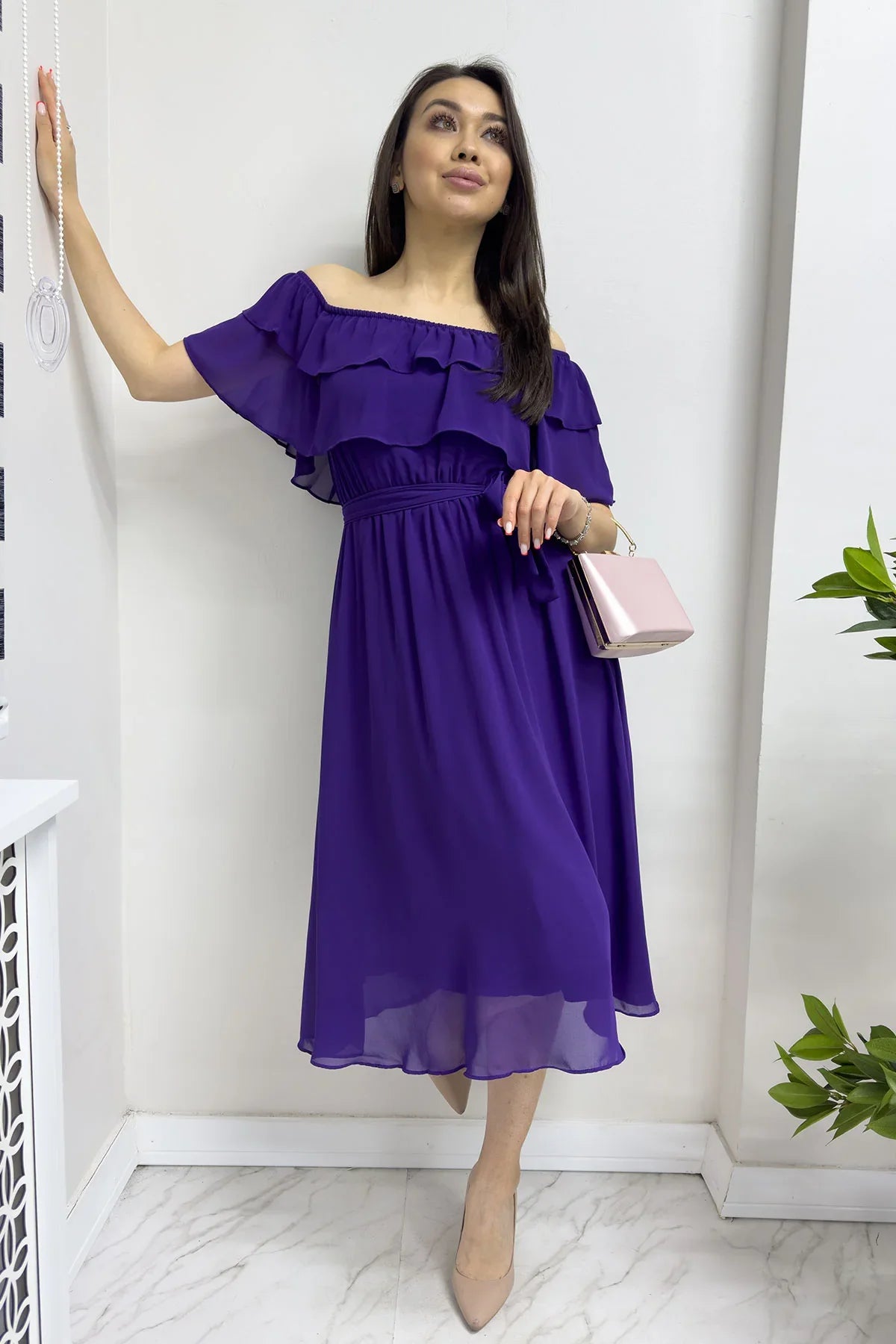 Women's Purple Madonna Carmen Ruffle Neck Plus Size Chiffon Dress