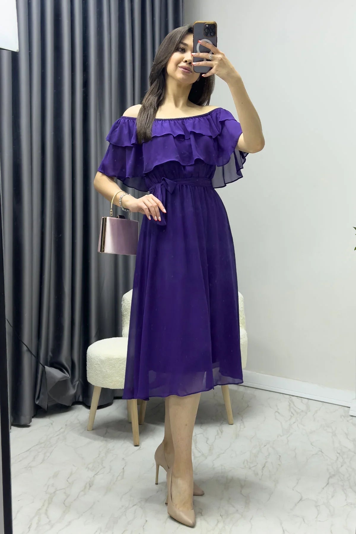 Women's Purple Madonna Carmen Ruffle Neck Plus Size Chiffon Dress