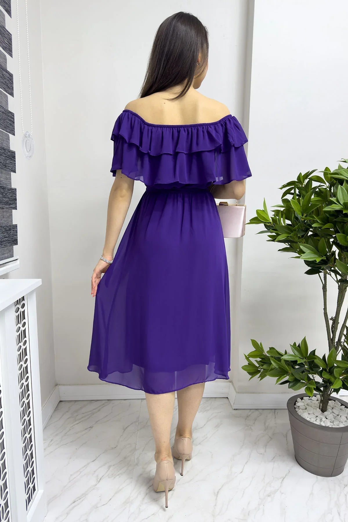 Women's Purple Madonna Carmen Ruffle Neck Plus Size Chiffon Dress