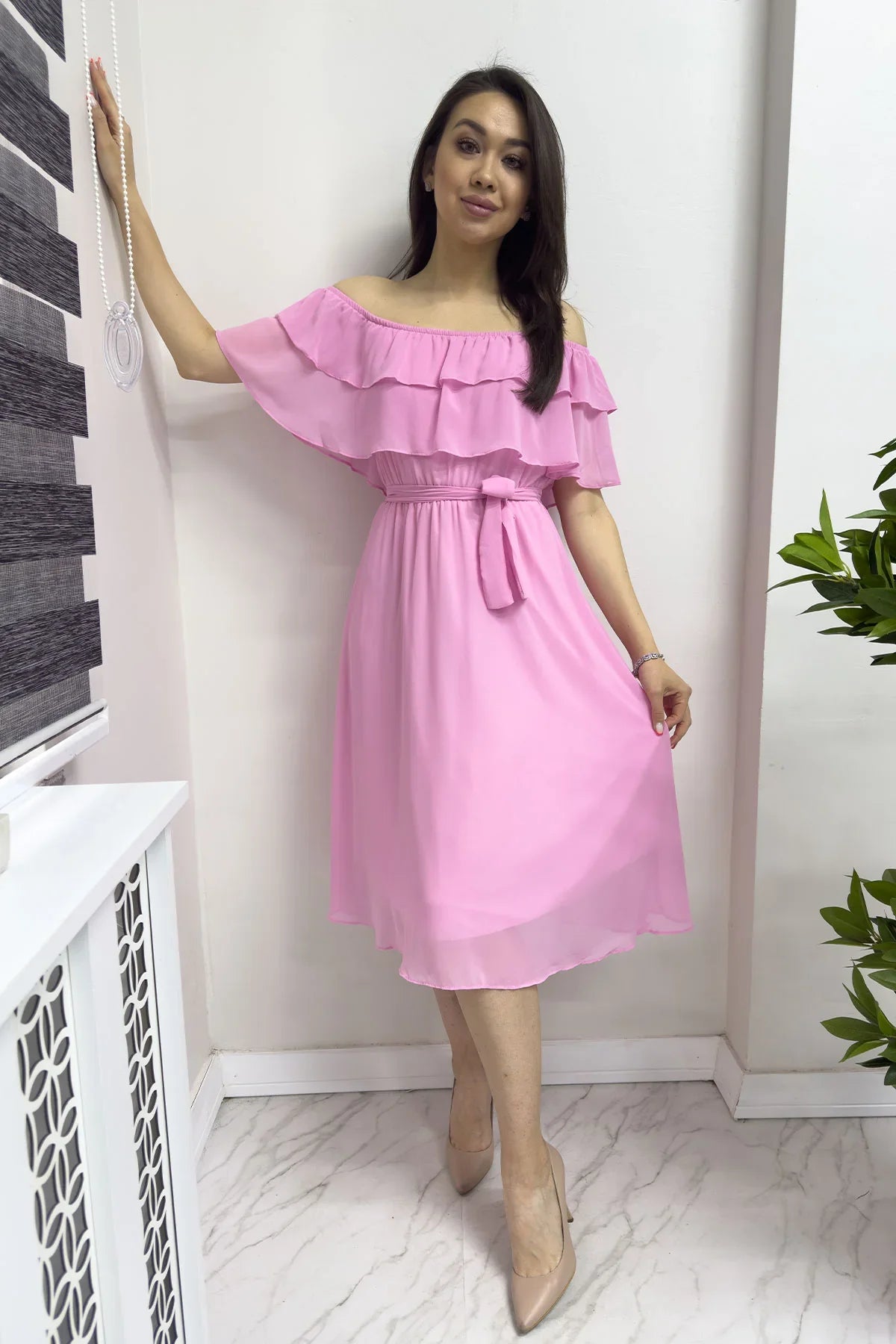 Women's Pink Madonna Carmen Ruffle Neck Plus Size Chiffon Dress