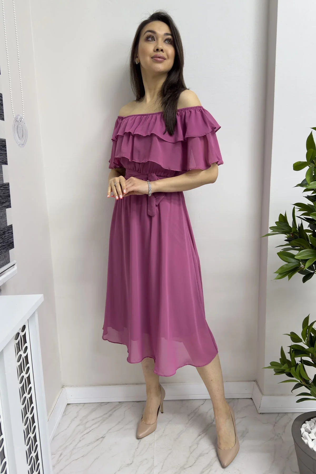 Women's Dusty Rose Madonna Carmen Ruffle Neck Plus Size Chiffon Dress