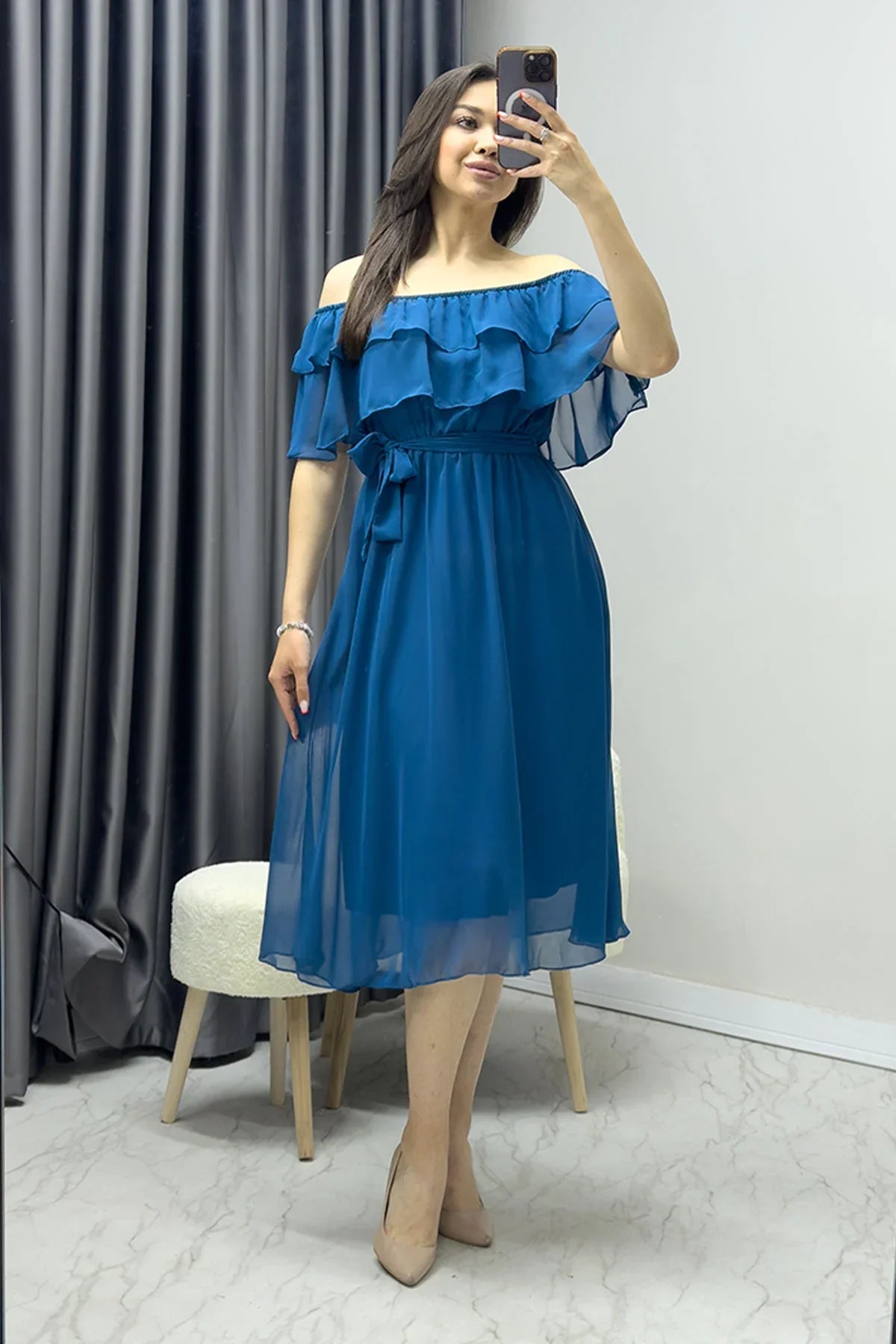 Women's Petrol Blue Madonna Carmen Ruffle Neck Plus Size Chiffon Dress