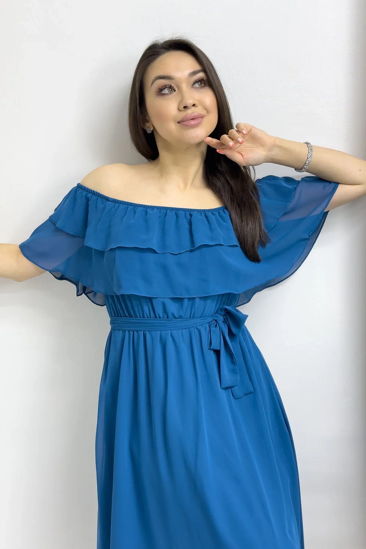 Women's Petrol Blue Madonna Carmen Ruffle Neck Plus Size Chiffon Dress