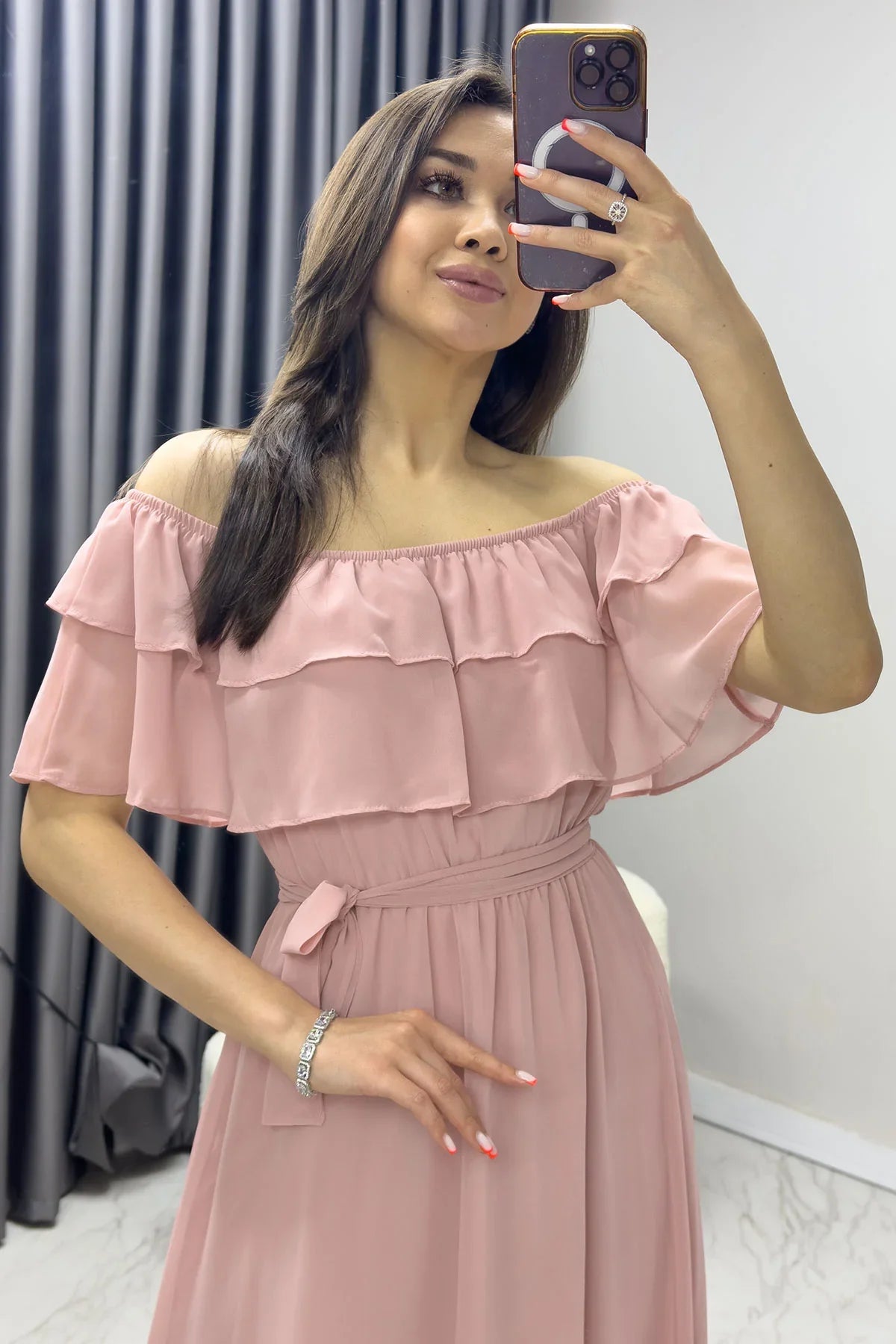 Women's Powder Pink Madonna Carmen Ruffle Neck Plus Size Chiffon Dress