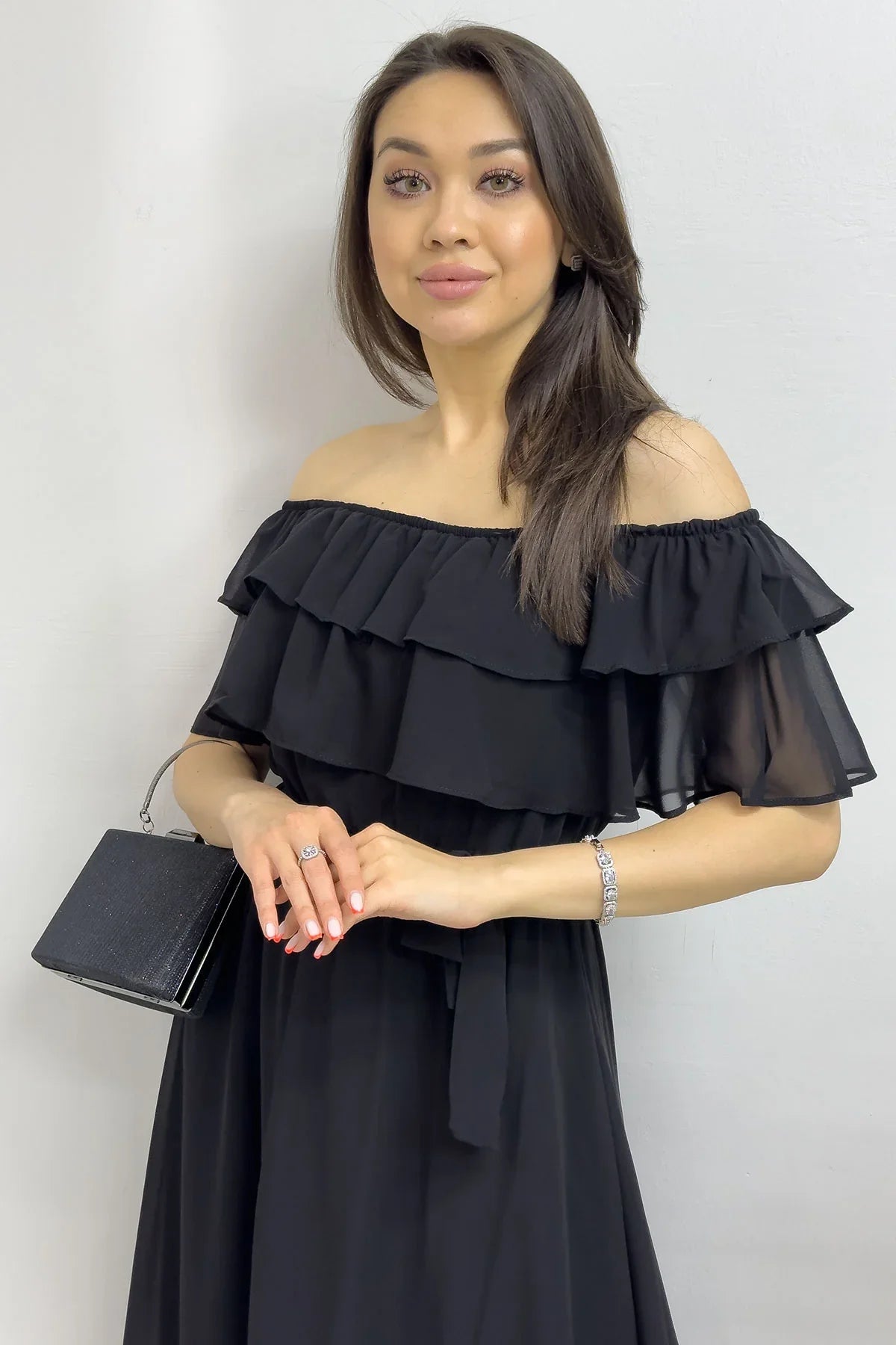 Women's Black Madonna Carmen Ruffle Neck Plus Size Chiffon Dress